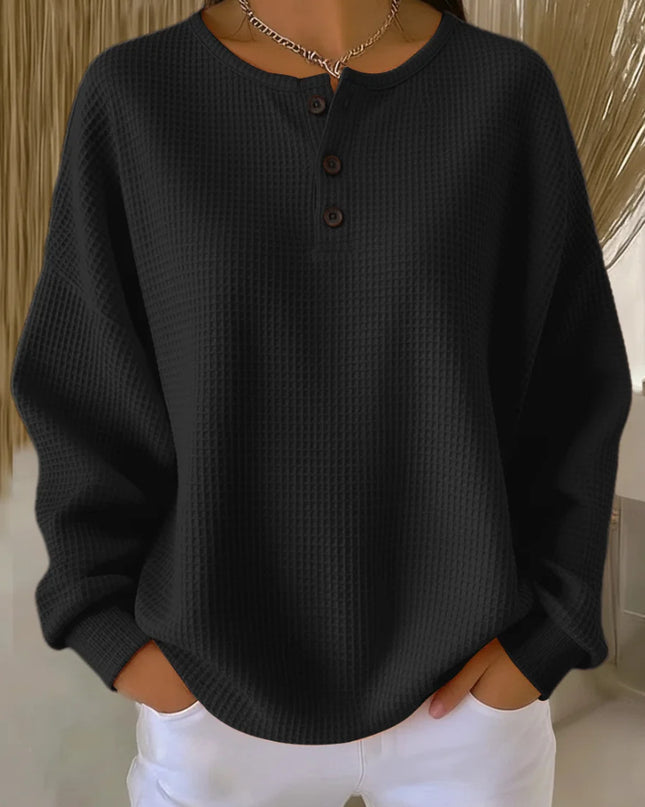 Waffle Knit Long Sleeve Button Top