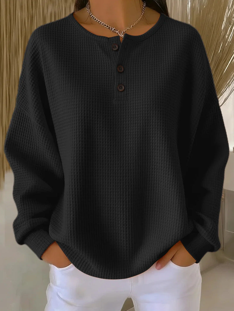 Waffle Knit Long Sleeve Button Top-HighTouch