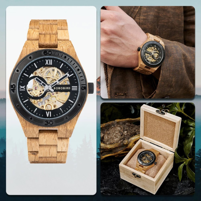 Men's Automatic Wooden Skeleton Watch | Self-Winding Luxury Timepiece
