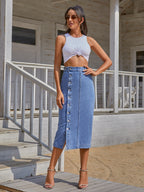 Women’s Irregular Slit Denim Maxi – Spliced High-Waist A-Line Skirt