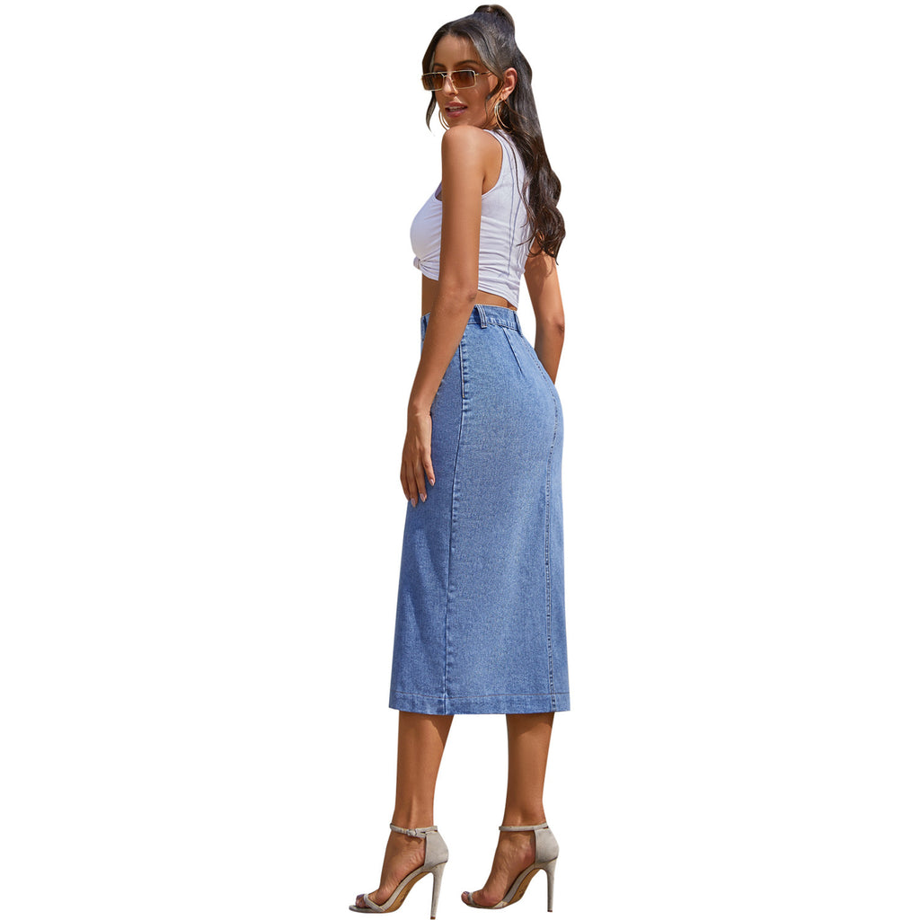 Women’s Irregular Slit Denim Maxi – Spliced High-Waist A-Line Skirt