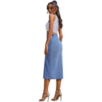 Women’s Irregular Slit Denim Maxi – Spliced High-Waist A-Line Skirt