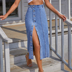 Women’s Irregular Slit Denim Maxi – Spliced High-Waist A-Line Skirt