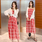 Women’s Chiffon Feel Vest & Skirt Set – Luxury Rabbit Hair 2-Piece Suit Plaid-HighTouch