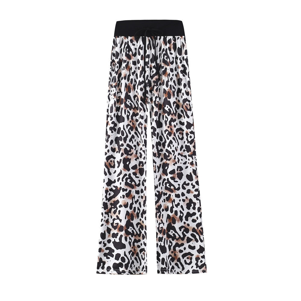 Leopard Print Stretch Drawstring Wide Leg Pants Women-HighTouch