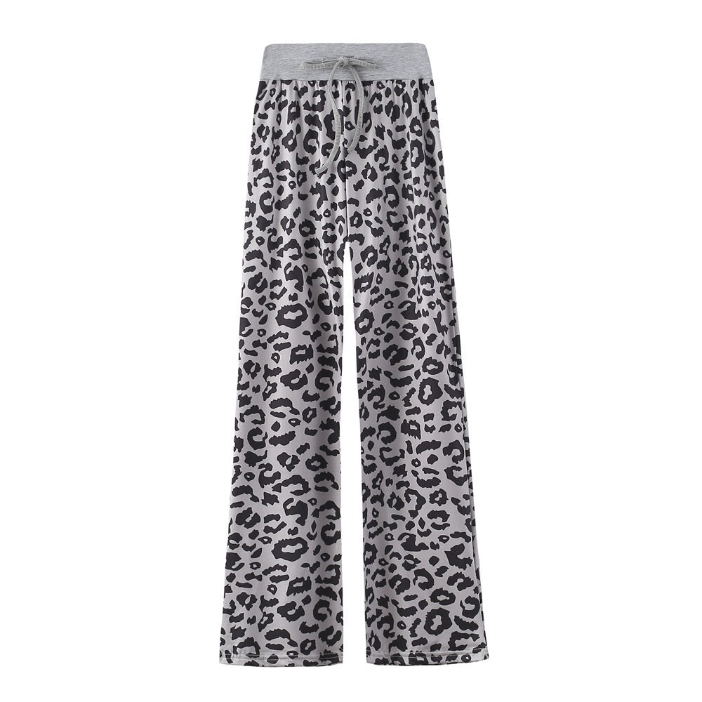 Leopard Print Stretch Drawstring Wide Leg Pants Women-HighTouch