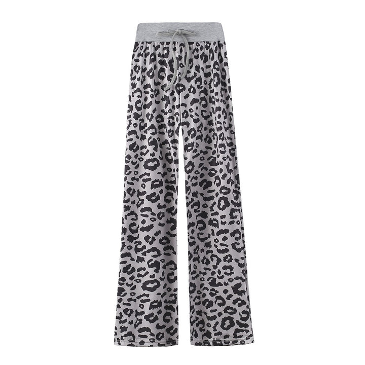 Leopard Print Stretch Drawstring Wide Leg Pants Women-HighTouch
