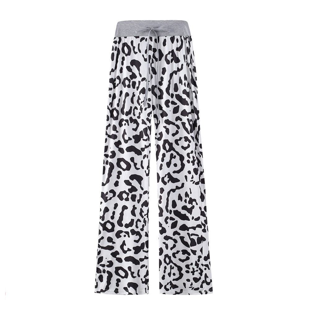 Leopard Print Stretch Drawstring Wide Leg Pants Women-HighTouch
