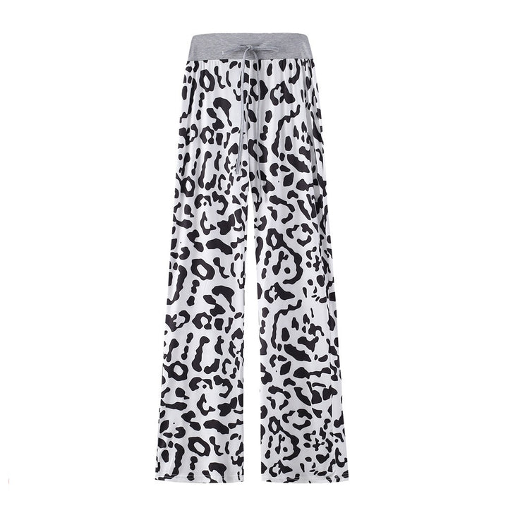 Leopard Print Stretch Drawstring Wide Leg Pants Women-HighTouch
