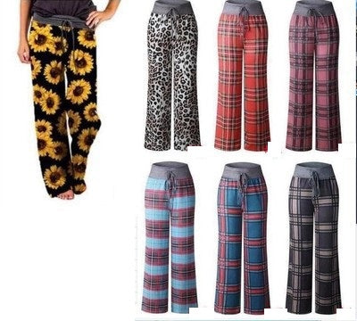 Leopard Print Stretch Drawstring Wide Leg Pants Women-HighTouch