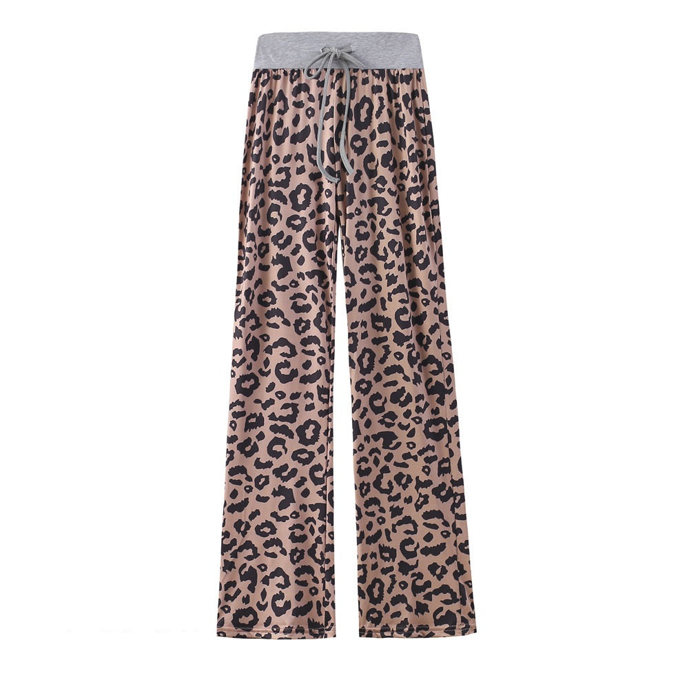 Leopard Print Stretch Drawstring Wide Leg Pants Women-HighTouch