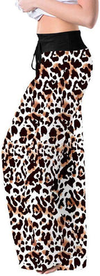 Leopard Print Stretch Drawstring Wide Leg Pants Women-HighTouch