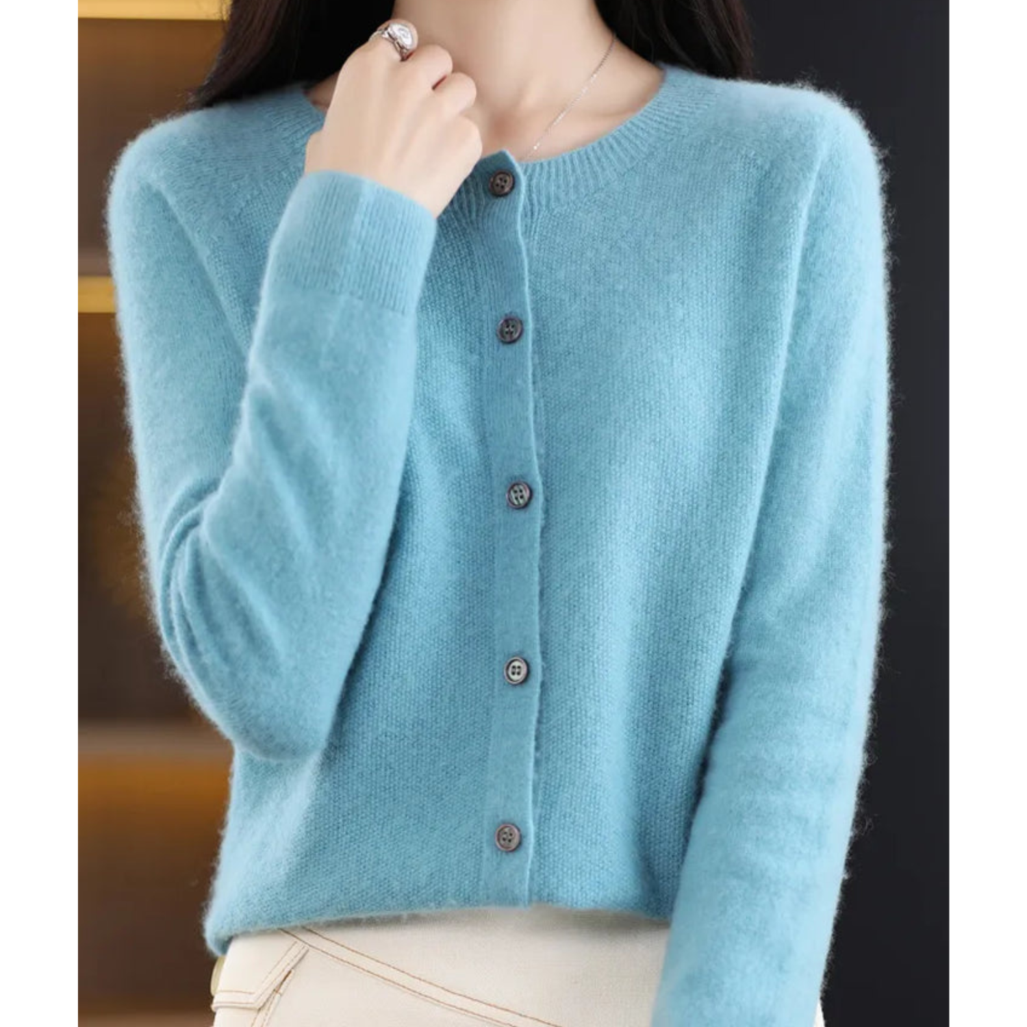 Wool -Blend O-Neck Cardigan Sweater