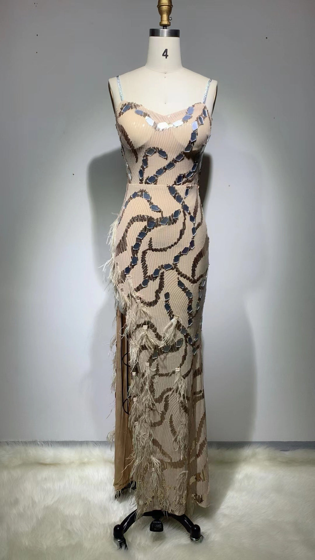 Fashion V-strap Backless Elegant Sequined Tight Split Feather Dress-HighTouch