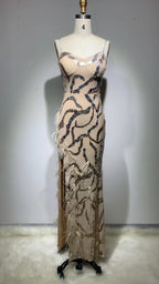 Fashion V-strap Backless Elegant Sequined Tight Split Feather Dress-HighTouch