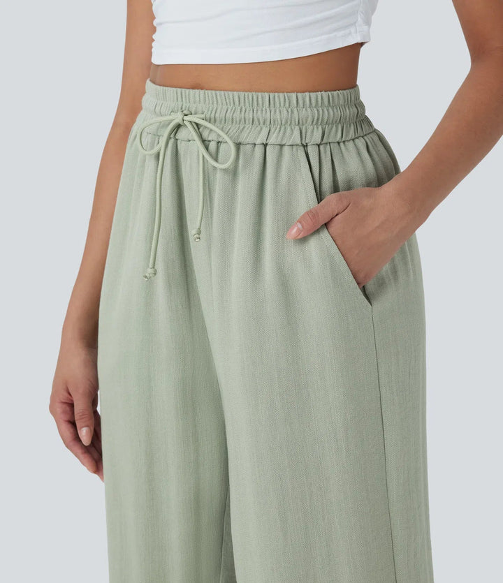 Wide Leg Pants Women High Waisted Drawstring Linen Feel