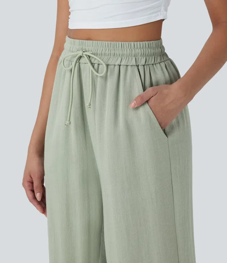 Wide Leg Pants Women High Waisted Drawstring Linen Feel
