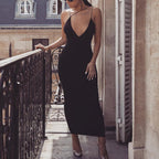 Women's V-Neck Milk Silk Maxi Dress – Elastic Waist Pencil Skirt-HighTouch