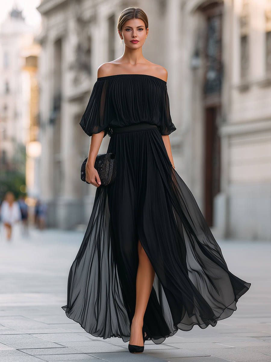 Floriana | Off-Shoulder Pleated Chiffon Maxi Evening Dress