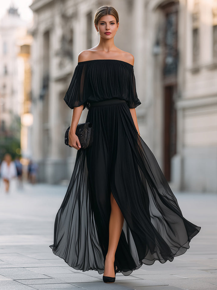 Floriana | Off-Shoulder Pleated Chiffon Maxi Evening Dress
