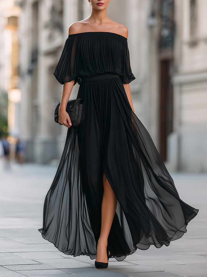 Floriana | Off-Shoulder Pleated Chiffon Maxi Evening Dress