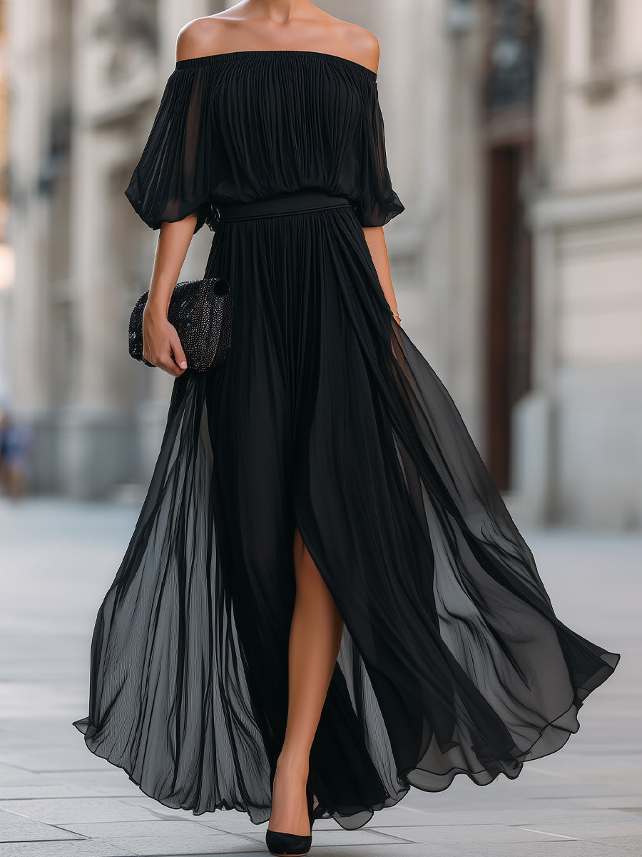 Floriana | Off-Shoulder Pleated Chiffon Maxi Evening Dress