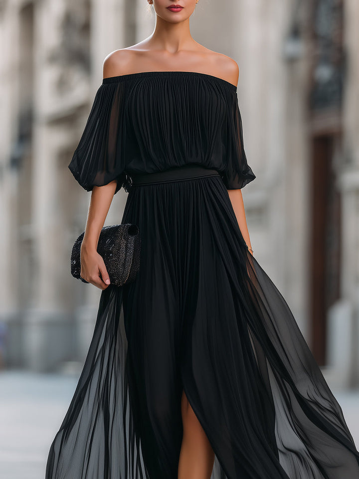 Floriana | Off-Shoulder Pleated Chiffon Maxi Evening Dress