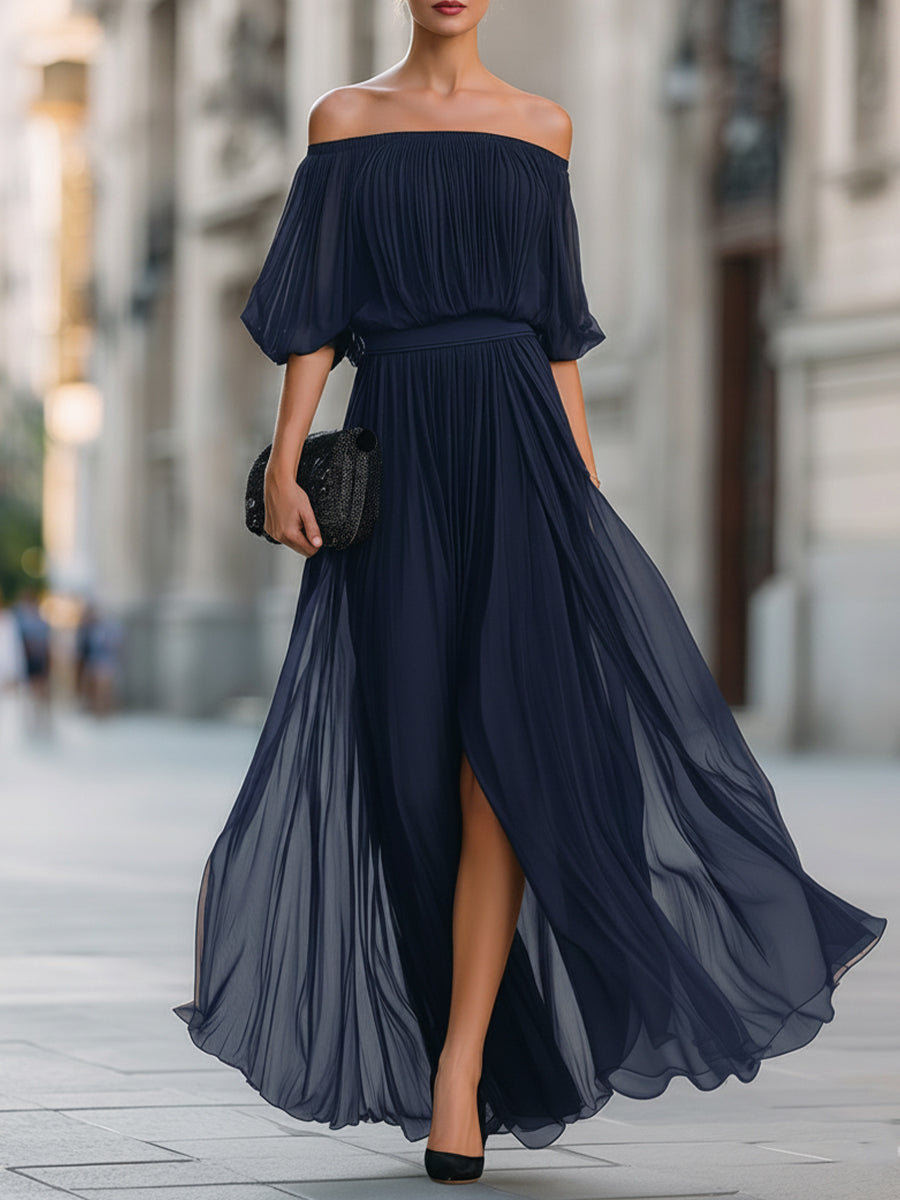 Floriana | Off-Shoulder Pleated Chiffon Maxi Evening Dress