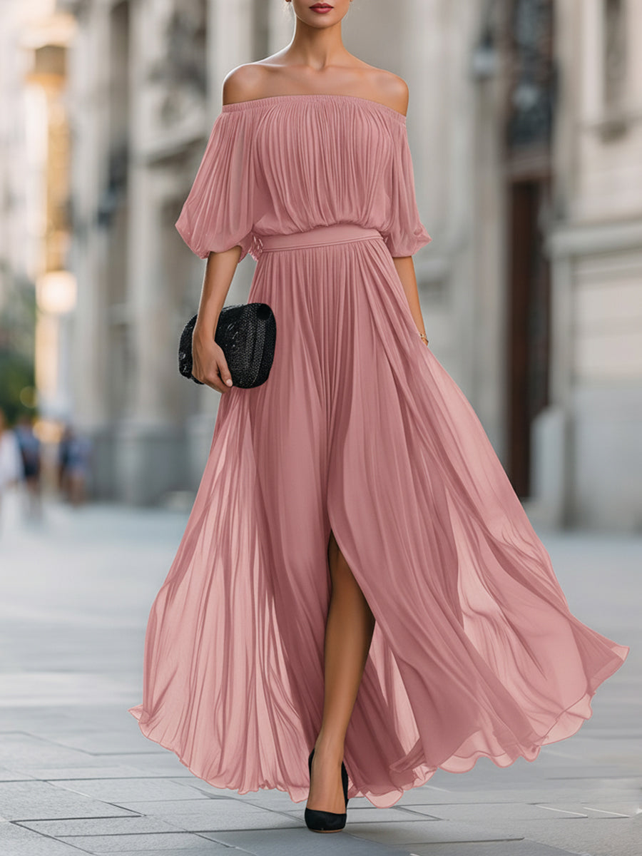 Floriana | Off-Shoulder Pleated Chiffon Maxi Evening Dress