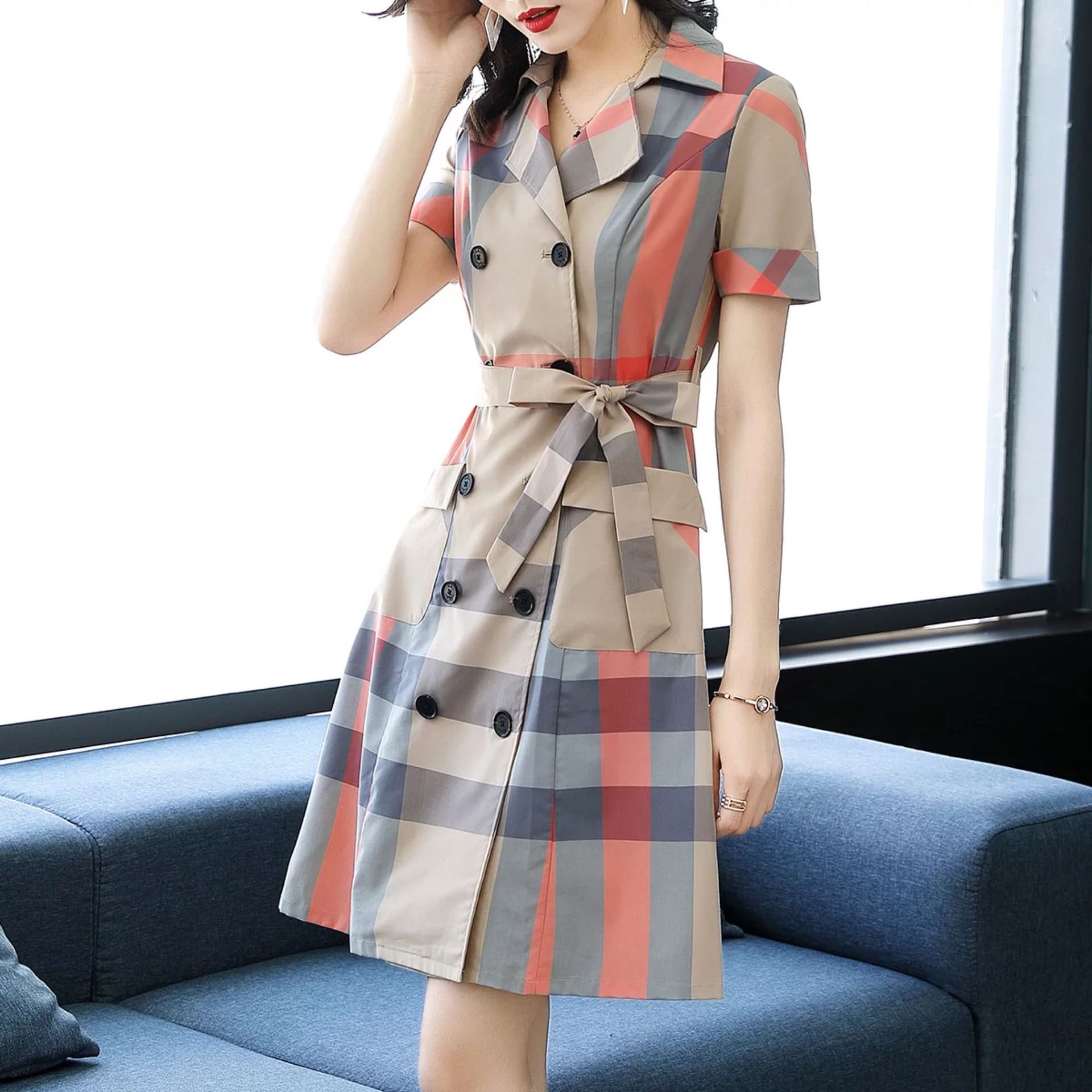 Women's Checked Pencil Skirt Suit – Double-Breasted Cotton & Mulberry Silk Blend-HighTouch
