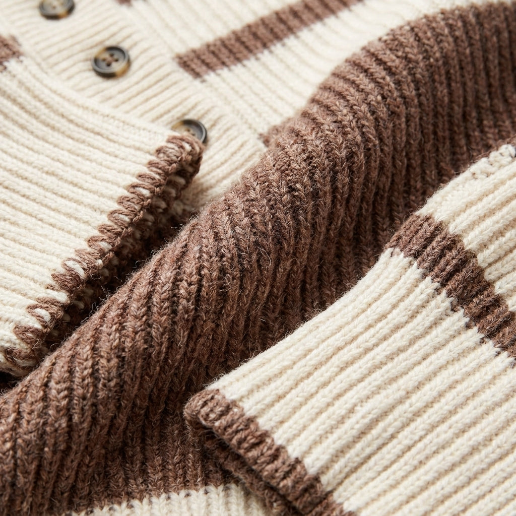 Riven Striped Henley Pullover Sweater – Chunky Knit Women Casual Oversized Button Pullover Top