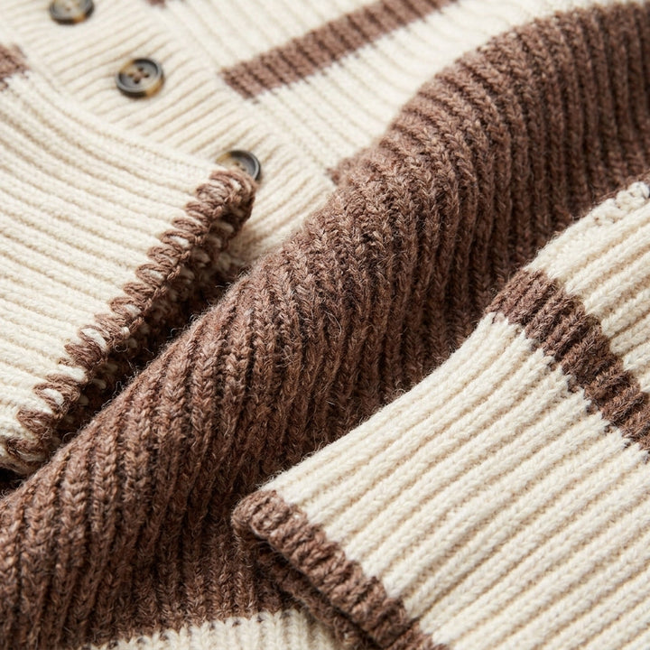 Riven Striped Henley Pullover Sweater – Chunky Knit Women Casual Oversized Button Pullover Top