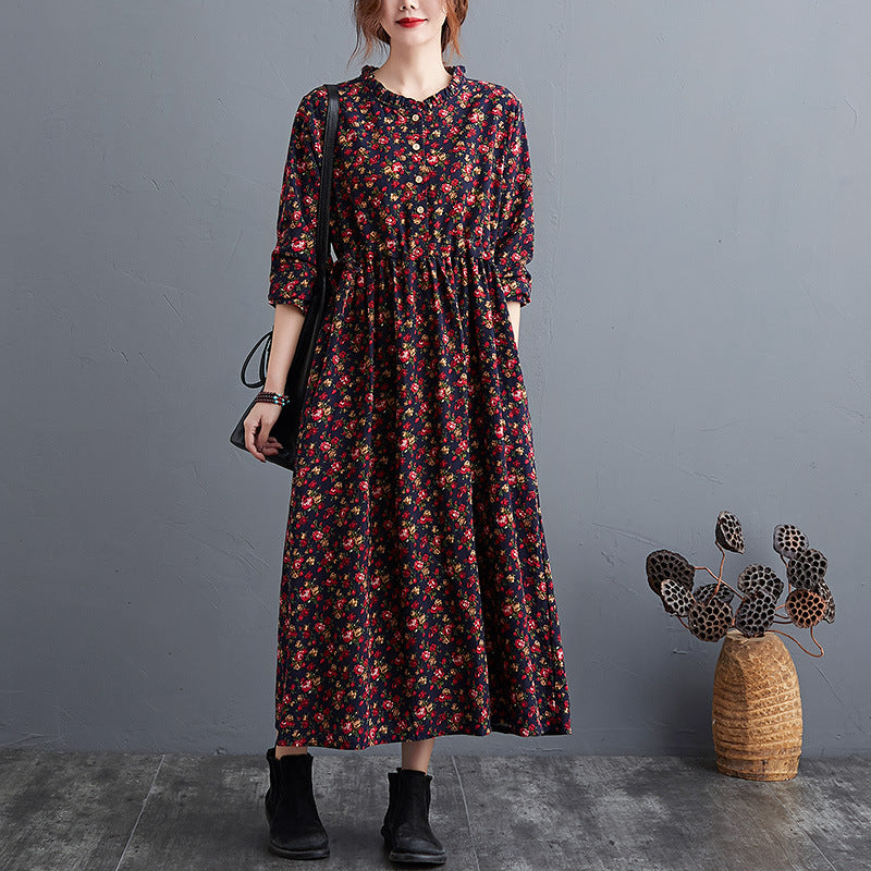 Women's Cotton-Linen Fold Stitch Dress – Relaxed Casual Midi Dress-HighTouch