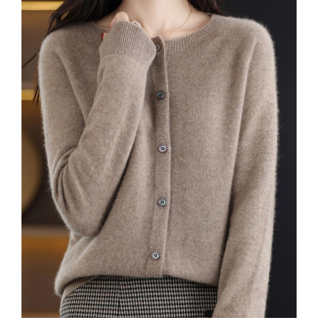 Wool -Blend O-Neck Cardigan Sweater-HighTouch