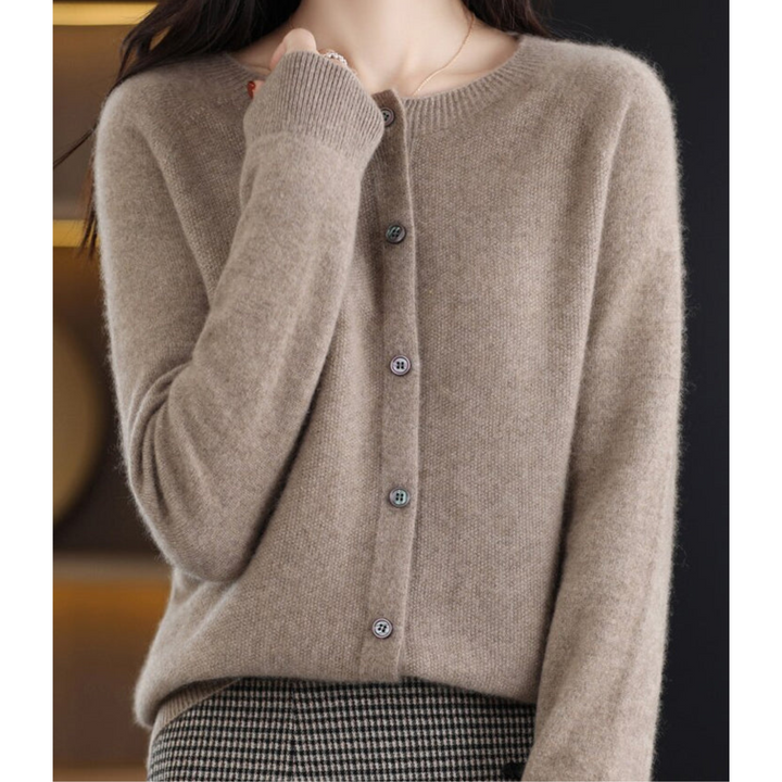 Wool -Blend O-Neck Cardigan Sweater-HighTouch