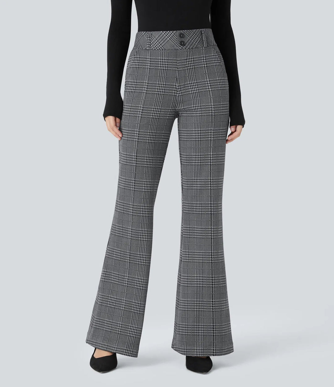 Houndstooth Plaid Flare Pants Women High Waisted Work Trousers