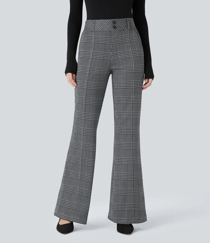 Houndstooth Plaid Flare Pants Women High Waisted Work Trousers