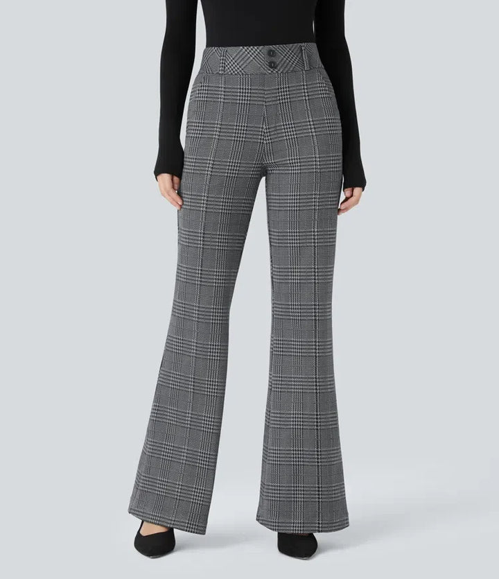 Houndstooth Plaid Flare Pants Women High Waisted Work Trousers