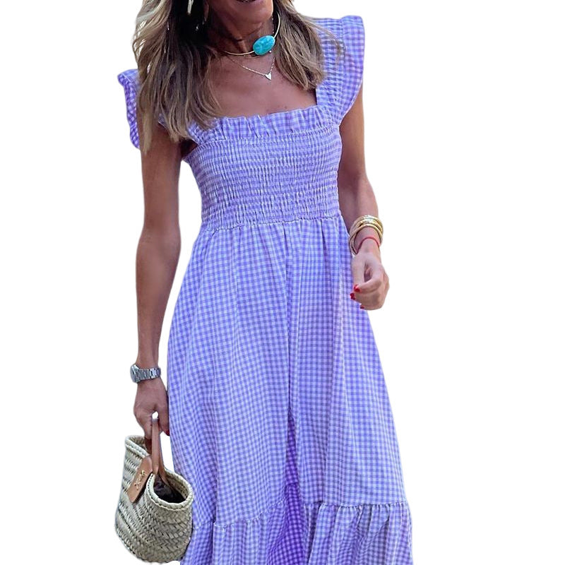 Women's High-Waist Plaid Sleeveless Dress-HighTouch