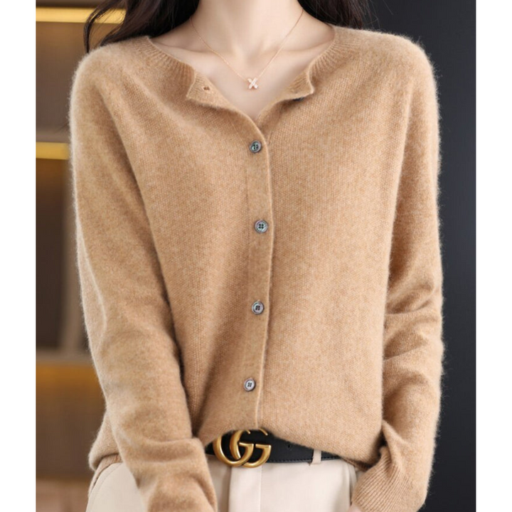 Wool -Blend O-Neck Cardigan Sweater-HighTouch