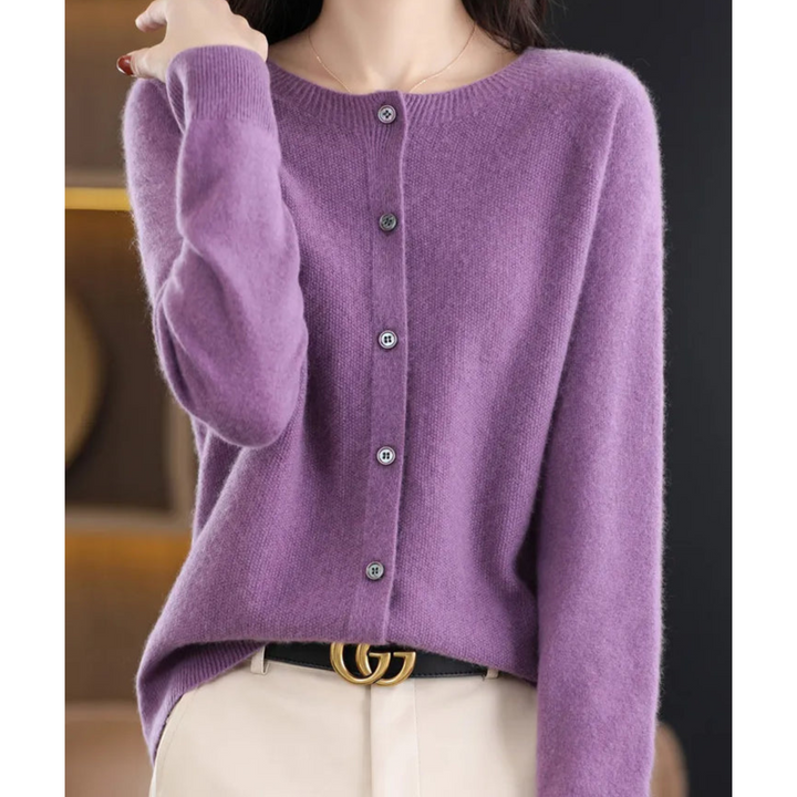 Wool -Blend O-Neck Cardigan Sweater-HighTouch