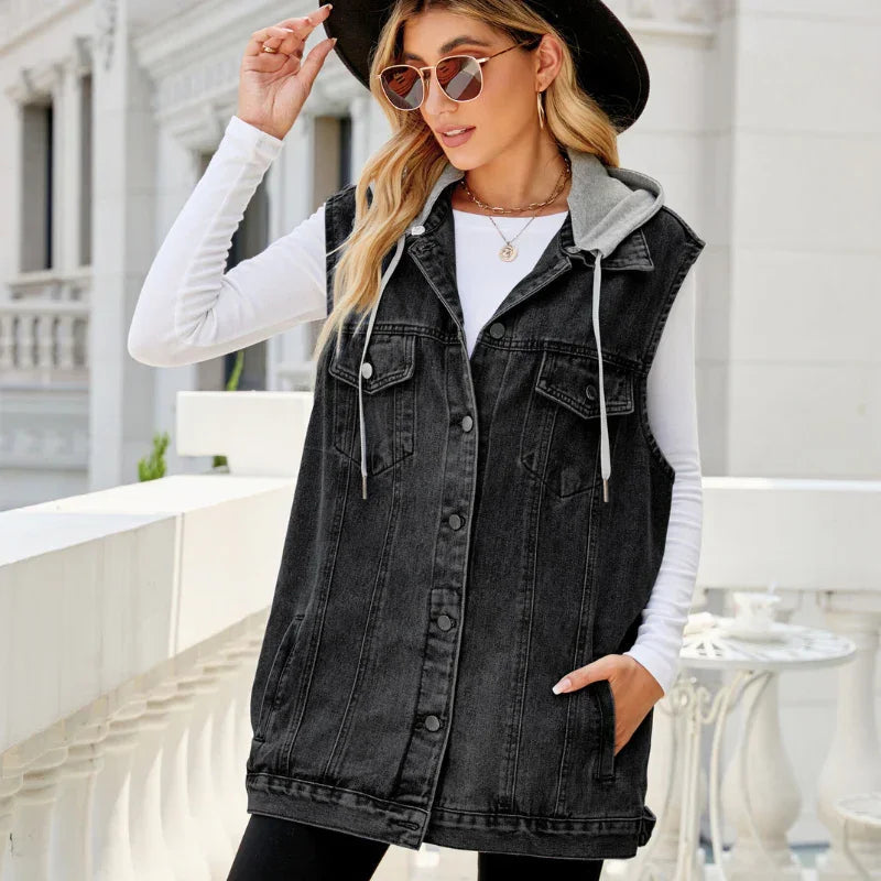 Women’s Relaxed Fit Sleeveless Denim Jacket with Hood