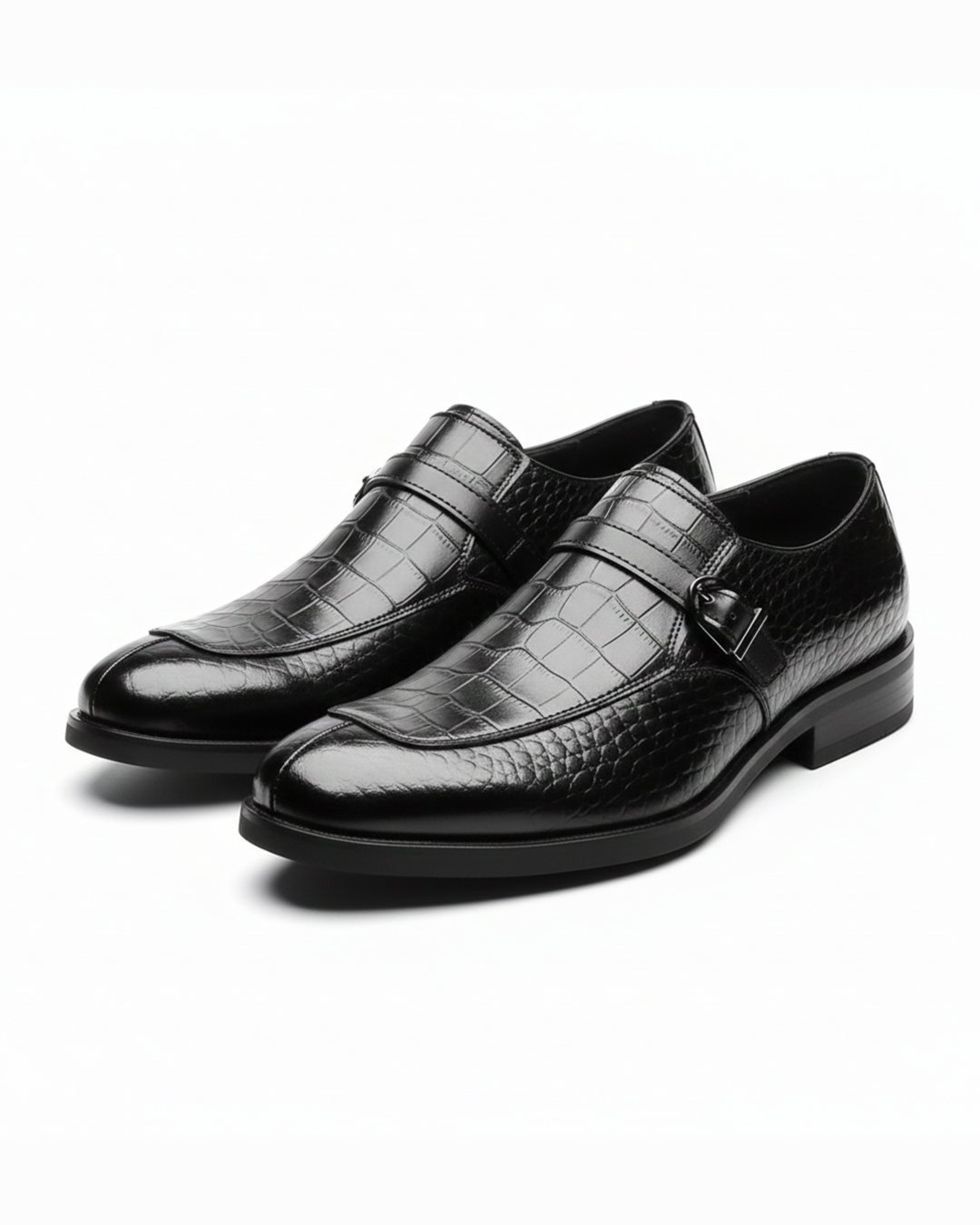 Men’s Leather Monk Strap Shoes – Croc Textured Style
