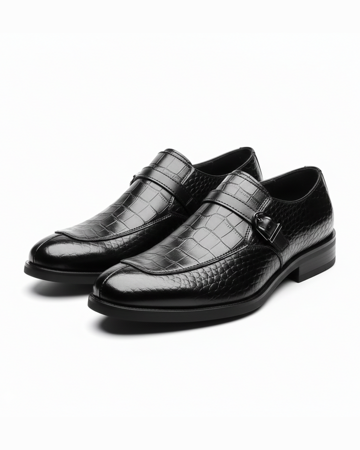 Men’s Leather Monk Strap Shoes – Croc Textured Style