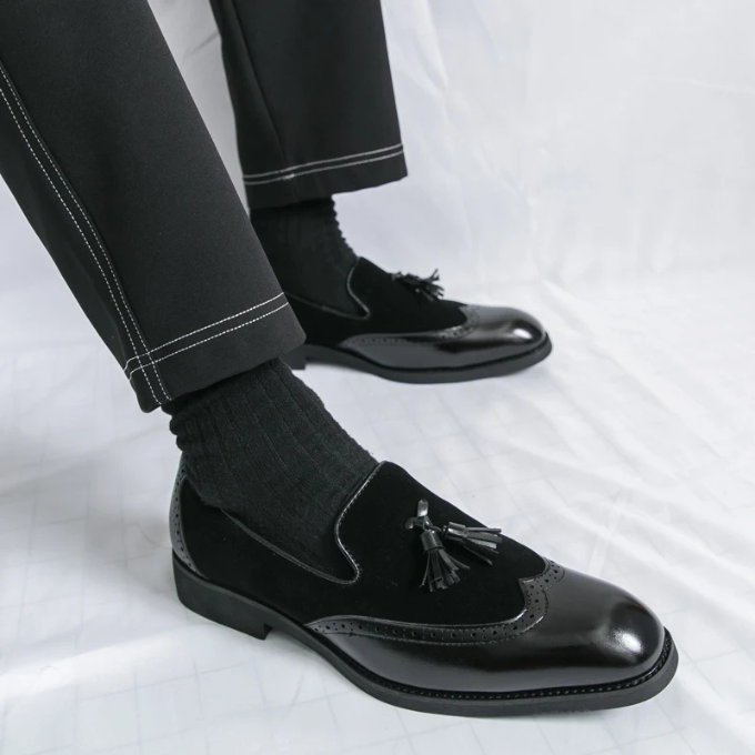 Men's Leather Tassel Loafers with Suede Panels