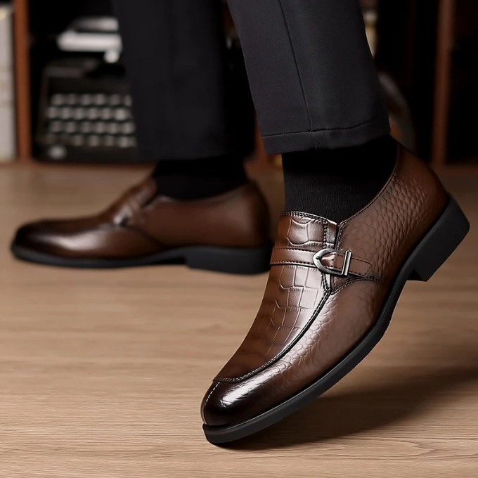 Men’s Leather Monk Strap Shoes – Croc Textured Style