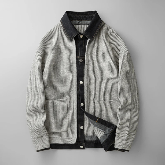Men's Wool Knit Sweater with Denim Trim – Relaxed Fit