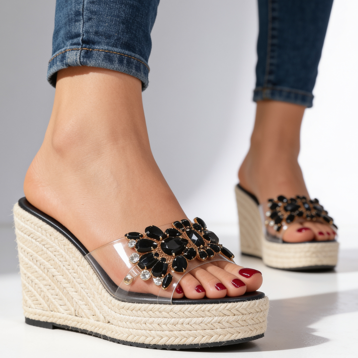Women's Floral Crystal Wedge Sandals Espadrille Mules