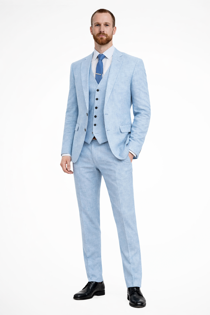 Edmundl | Men Linen 3-Piece Wedding Guest Suit Blazer Waistcoat Trousers
