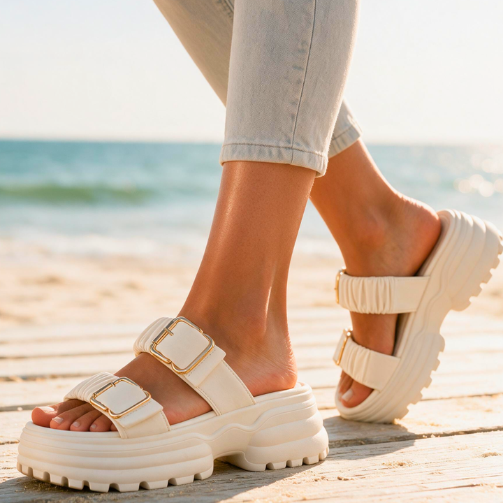 Women's Tessa Ruched Buckle Sandals – Cushioned Comfort